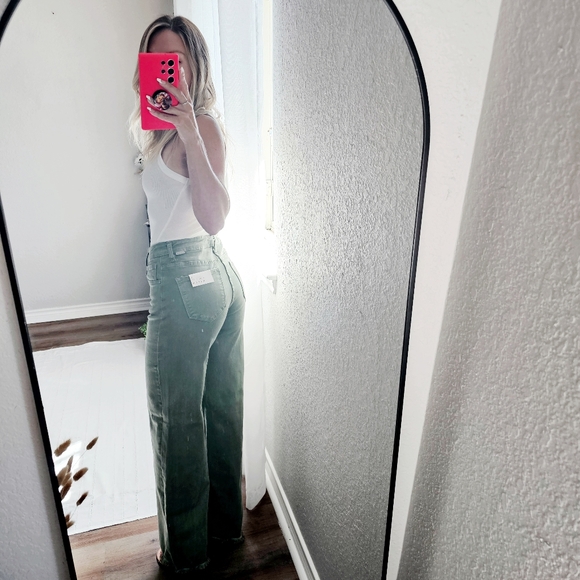 RISEN High Rise Wide Leg Olive Denim Jeans Classic Frayed Hem Size 1/25 NEW - Picture 10 of 15